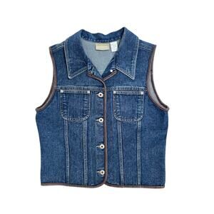 Vintage 90s Liz Claiborne Blue Denim Vest Leather Trimmed M Grunge Preppy Boho